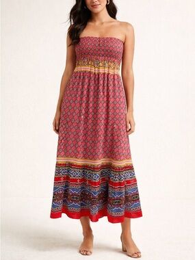 Red Printed Bohemian Maxi dress size L vintage style unique summer dress